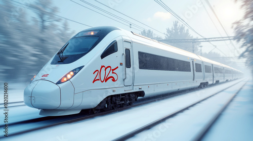 white high speed train with new year number 2025