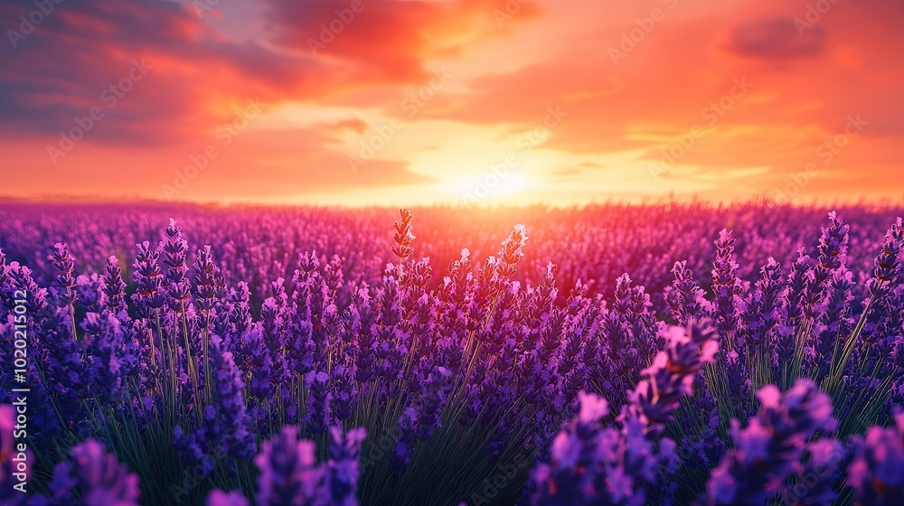 Fototapeta premium Lavender Field at Sunset with Soft, Blurred Background