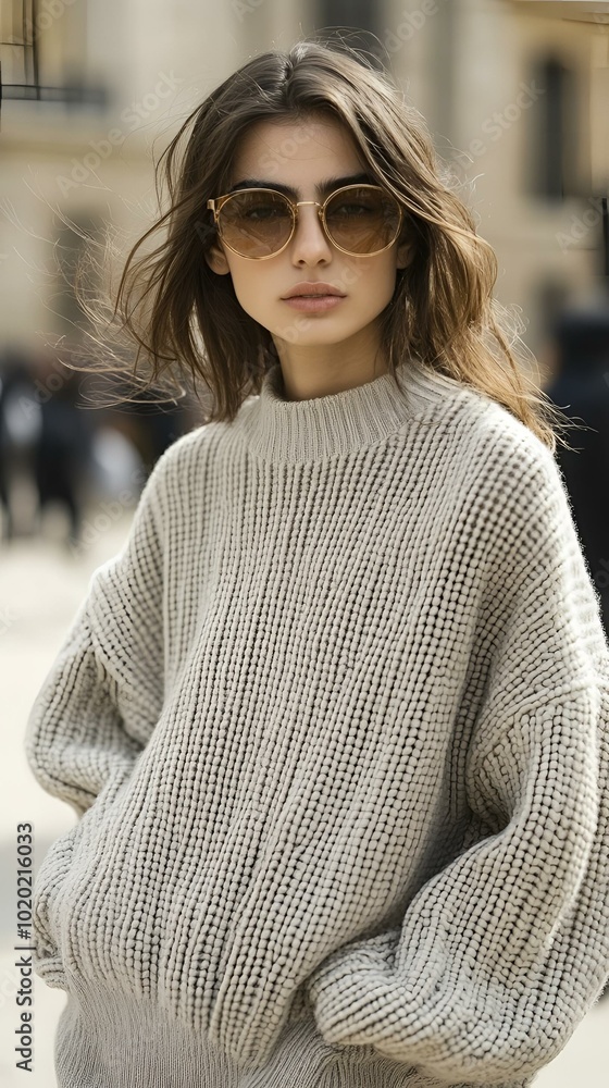 Elegant Fashion Model Posing on Autumn City Street in Stylish Black Outfit, Face Obscured by Glowing Rectangle. Elegant Fashion Model Posing on Autumn City Street in Stylish Black Outfit, Face Obscured by Glowing Rectangle.