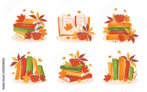 Books, cup coffee or tea with autumn leaves. Set of reading elements for  bookshop, library, bookstore or education. Vector illustration on white background
