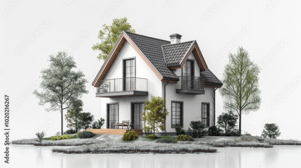 A serene modern home surrounded by lush greenery on a tranquil island under soft sunlight. Generative AI A serene modern home surrounded by lush greenery on a tranquil island under soft sunlight. Generative AI