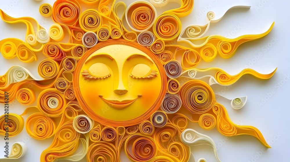 Radiant Paper Quilled Sun Sculpture with Vibrant Yellow Spirals and Curves Radiant Paper Quilled Sun Sculpture with Vibrant Yellow Spirals and Curves