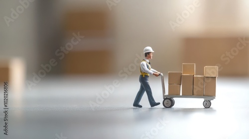 A miniature loading employee is pushing cardboard boxes on a hand trolley wearing a safety helmet, against a blurred plain background.