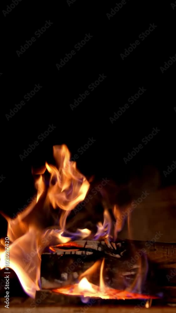 Flame in a fireplace on dark background. Wood burning in a stone fireplace. Warm cozy fire in a country house. Winter holidays. Home hearth. Vertical video Flame in a fireplace on dark background. Wood burning in a stone fireplace. Warm cozy fire in a country house. Winter holidays. Home hearth. Vertical video