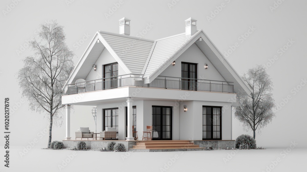Modern two-story house with a welcoming porch and surrounding greenery in a serene, minimalist setting. Generative AI Modern two-story house with a welcoming porch and surrounding greenery in a serene, minimalist setting. Generative AI