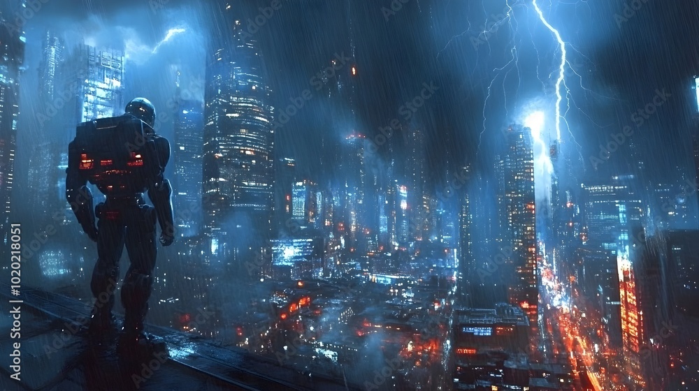 Obraz premium Futuristic Robot Navigating Through Storm Struck City at Night
