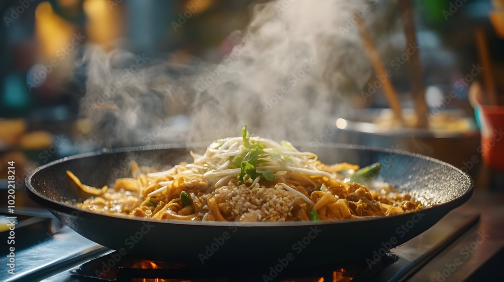 Steaming Pad Thai Noodle Dish with Flavorful Garnishes in Restaurant Setting Steaming Pad Thai Noodle Dish with Flavorful Garnishes in Restaurant Setting