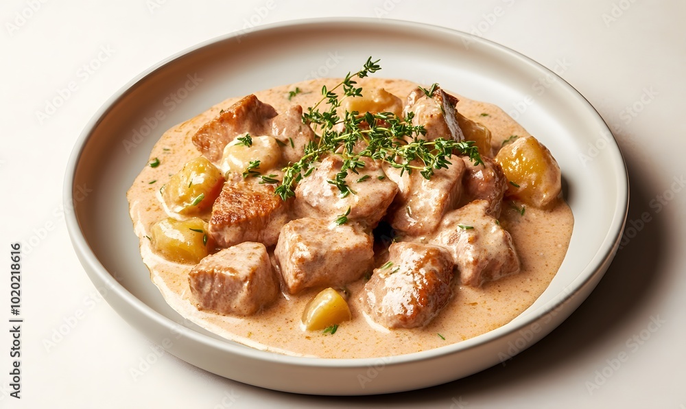 A plate of blanquette de veau, a creamy veal stew, Generative AI A plate of blanquette de veau, a creamy veal stew, Generative AI