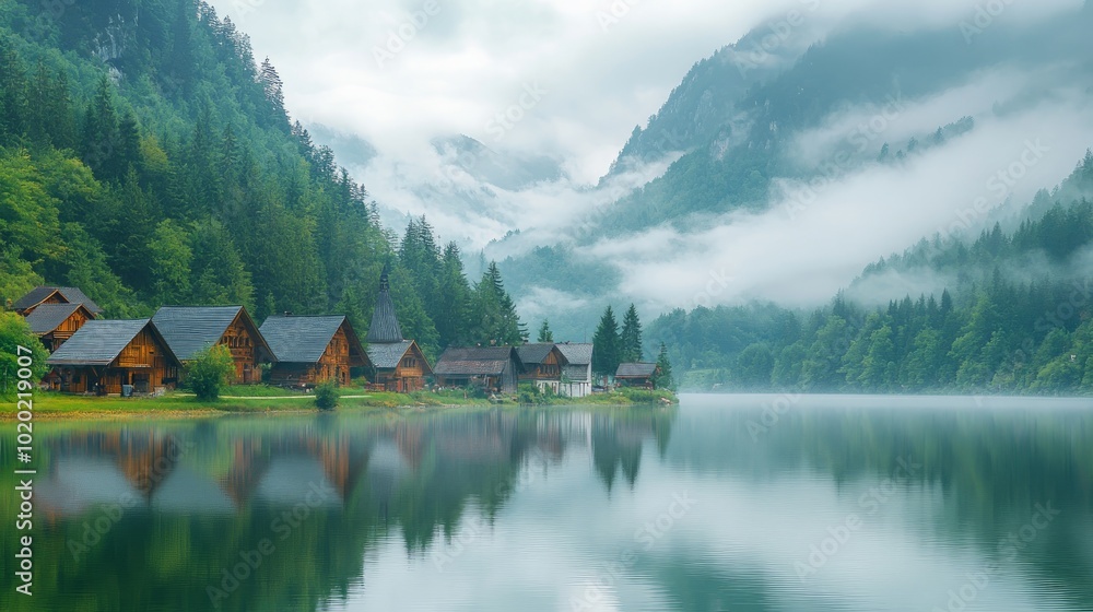 Fototapeta premium A picturesque village nestled amongst misty mountains and a serene lake, showcasing the tranquility of nature.