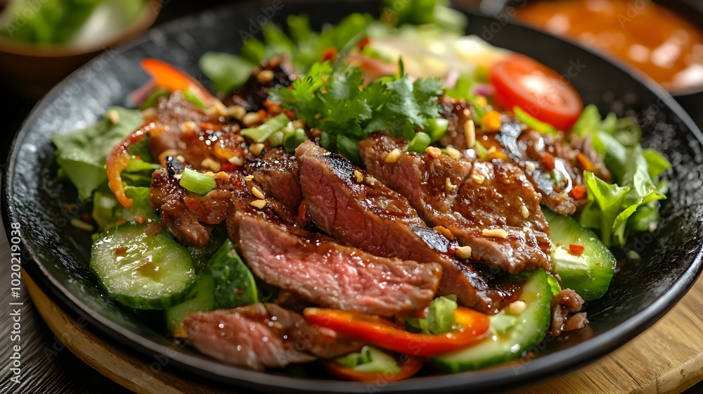 Gourmet Thai Style Beef Salad in Black Bowl on Wooden Table Gourmet Thai Style Beef Salad in Black Bowl on Wooden Table