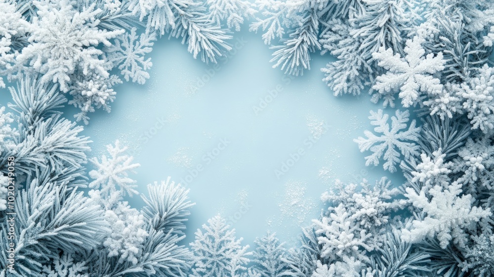 Snow-Covered Pine Branches and Snowflakes on Blue Background Snow-Covered Pine Branches and Snowflakes on Blue Background