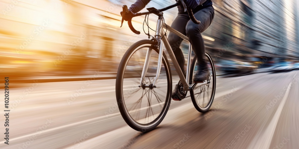 Fototapeta premium Bicyclist racing on urban road, motion blur effect, vibrant city background.
