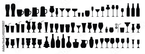 Silhouettes various alcohol cocktail glasses bar set. Black Isolated Glasses of wine, glasses of beer, bar bottles and shot glasses