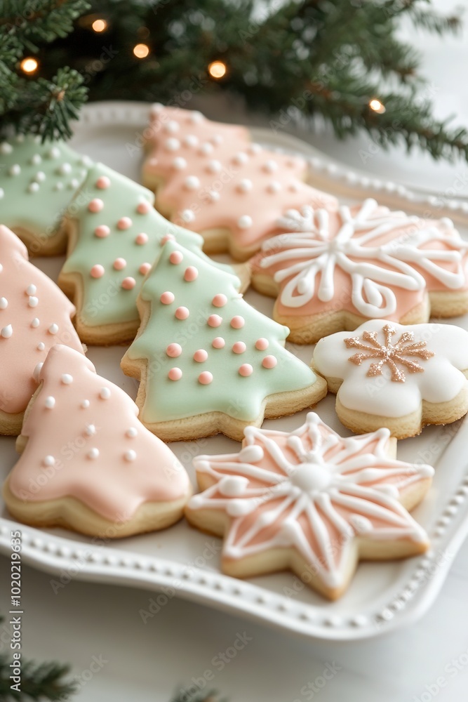 Festive cookies with pastel icing on plate Festive cookies with pastel icing on plate