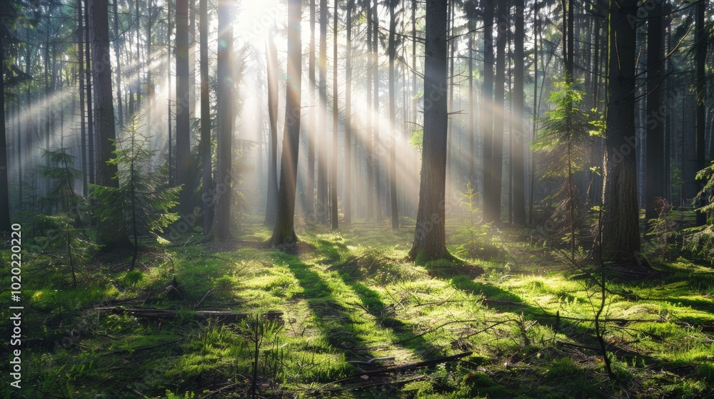 Fototapeta premium Sunbeams Piercing Through Foggy Forest
