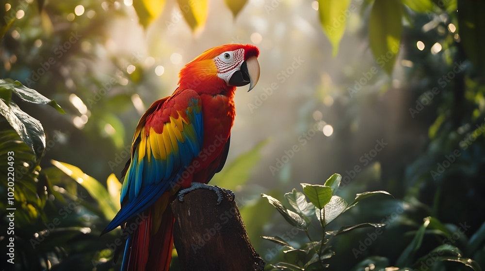 Vibrant Scarlet Macaw Perched in Lush Tropical Rainforest Vibrant Scarlet Macaw Perched in Lush Tropical Rainforest