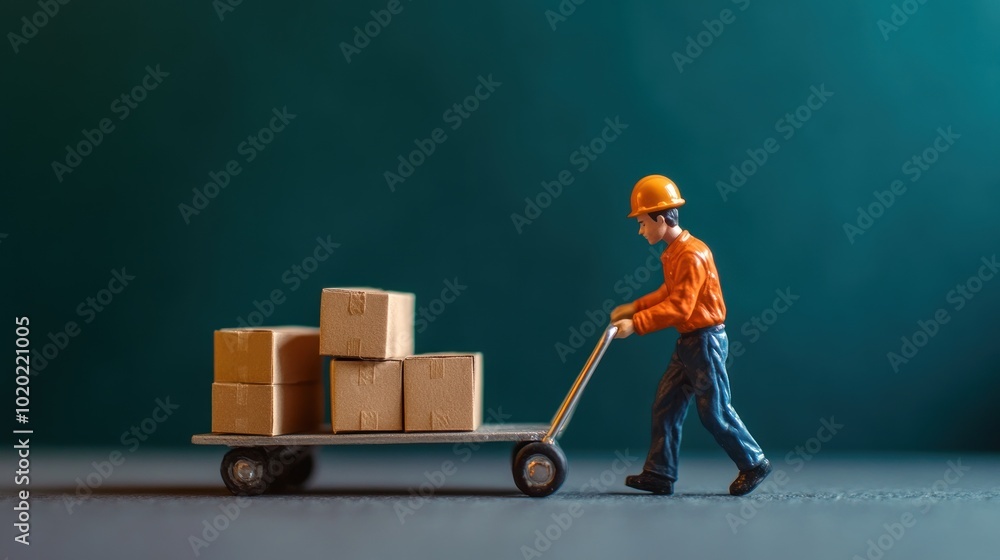 A miniature loading employee is pushing cardboard boxes on a hand trolley wearing a safety helmet, against a blurred plain background. A miniature loading employee is pushing cardboard boxes on a hand trolley wearing a safety helmet, against a blurred plain background.