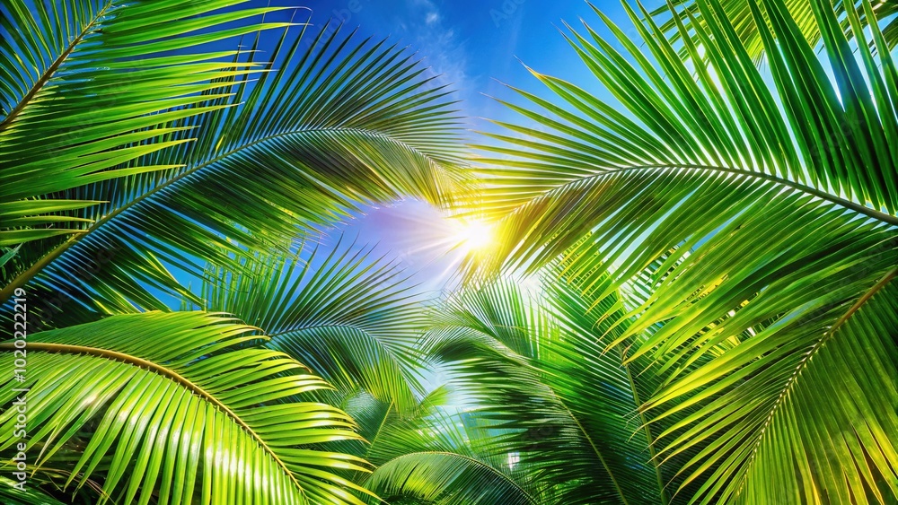 Tropical Palm Leaves Closeup with Sunlight - Relaxing Nature Background for Vacation Themes Tropical Palm Leaves Closeup with Sunlight - Relaxing Nature Background for Vacation Themes