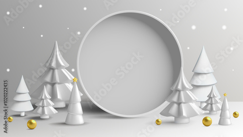 Elegant Winter Wonderland with Minimalist White Christmas Trees and Gold Ornaments