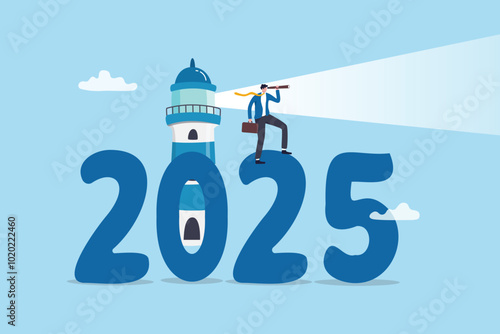 New year 2025 business outlook, planning or strategy to success, vision or forecast, year begin anticipation, improvement or progress concept, businessman on year number 2025 look through telescope.