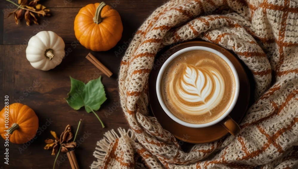 Autumn coffee surrounded by pumpkins and fall leaves, plaid blanket adds warmth Autumn coffee surrounded by pumpkins and fall leaves, plaid blanket adds warmth