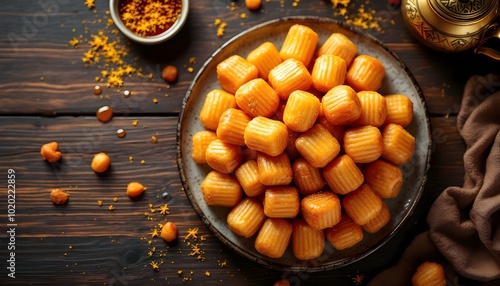 Persian Bamiyeh Sweet Dough Bites with Saffron Syrup (Persian Cuisine) photo