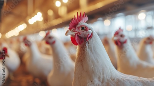 A group of chickens are in a pen, one of which has its head turned to the side photo