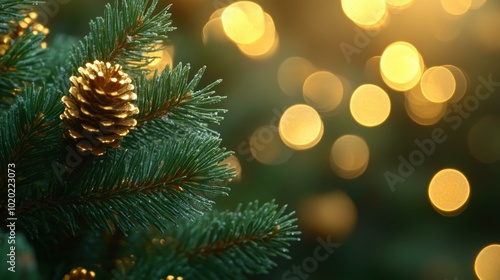 Golden Pine Cone on a Christmas Tree with Festive Lights