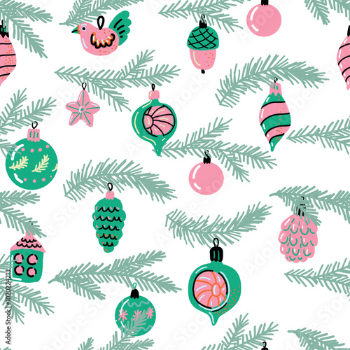 Christmas baubles with fir branches. Vintage Christmas glass on white background. Pink and green Christmas balls. Retro ornament seamless pattern.
