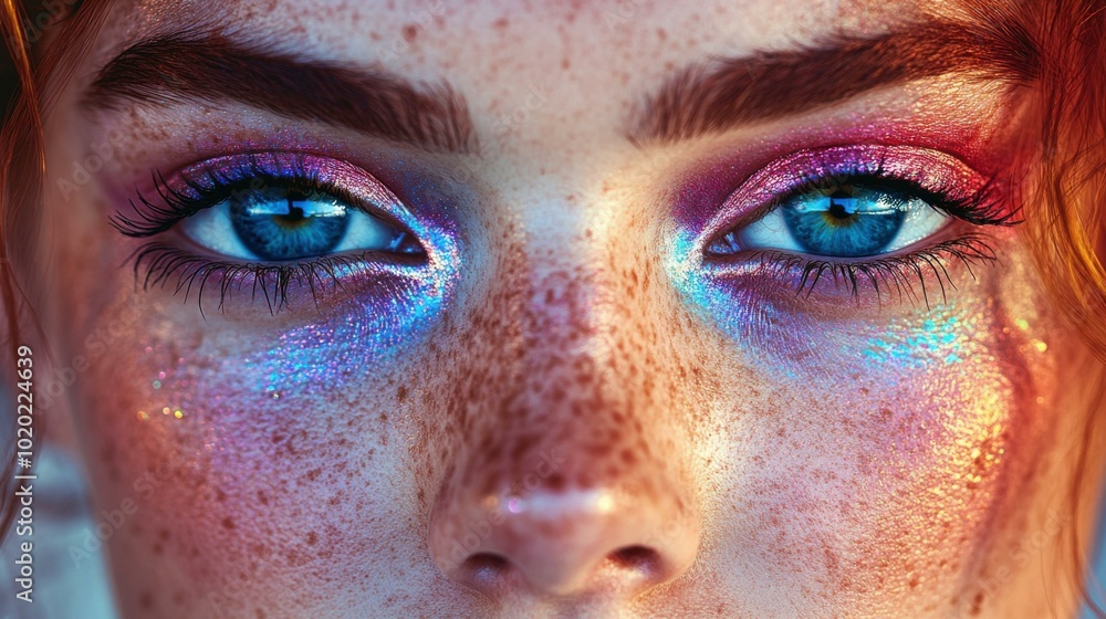 Close-up Portrait of Woman with Blue Eyes and Glitter Makeup Close-up Portrait of Woman with Blue Eyes and Glitter Makeup