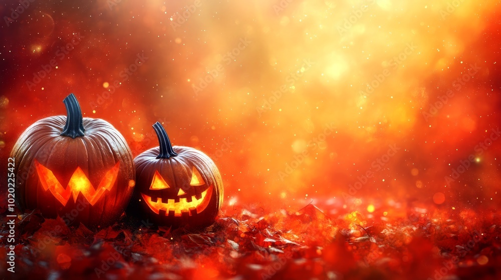 Fototapeta premium Two carved jack-o'-lanterns with glowing faces sit on a bed of fall leaves against a warm, orange and yellow blurred background.
