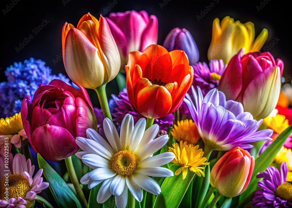 Fototapeta premium Vibrant Spring Flowers on Dark Background - High Depth of Field Photography