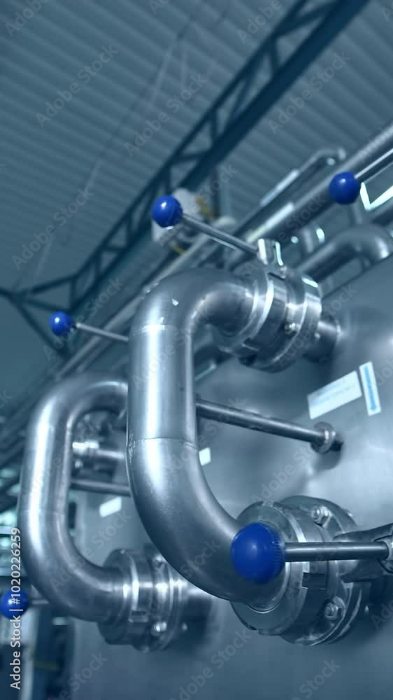 Dairy factory with milk pasteurization tank and pipes. Motion camera view Vertical video Dairy factory with milk pasteurization tank and pipes. Motion camera view Vertical video