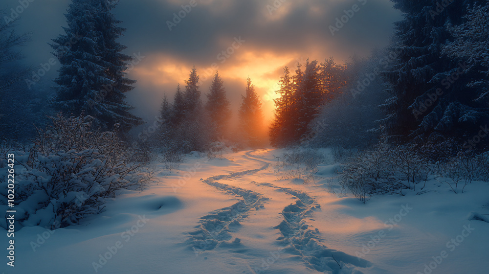 A snowy forest with a path leading through it. A snowy forest with a path leading through it.