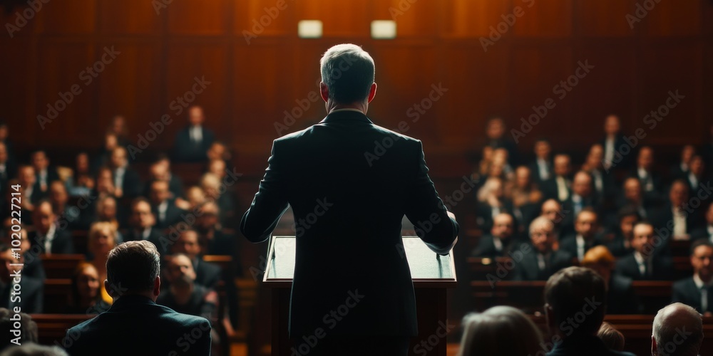 A businessman delivering a speech at a conference. A businessman delivering a speech at a conference.