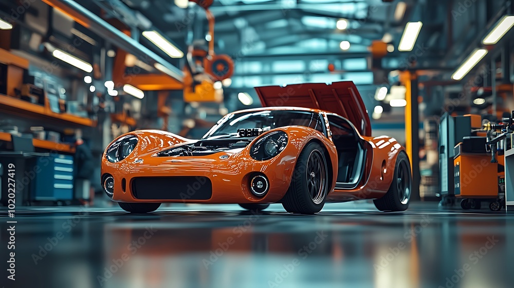 An orange sports car with its hood open stands in a factory setting. An orange sports car with its hood open stands in a factory setting.