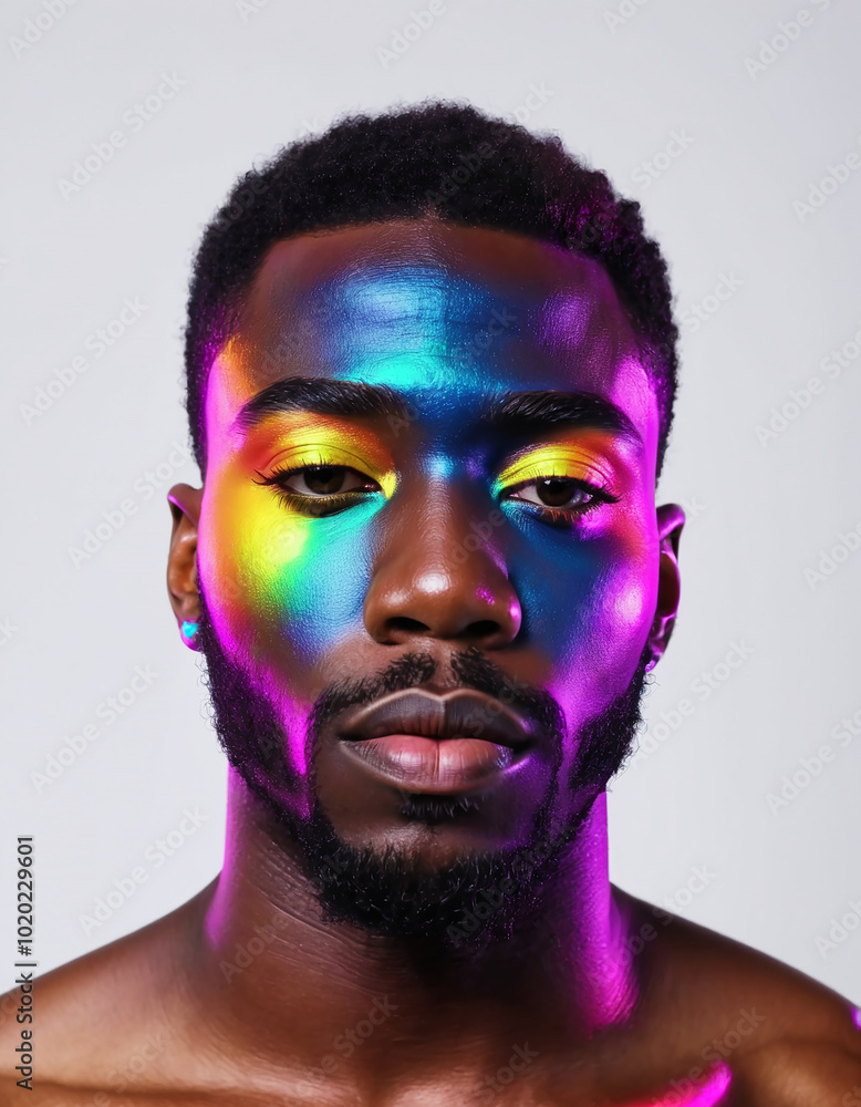 Facial of a African American male with colorful neon glow face makeup. Facial of a African American male with colorful neon glow face makeup.