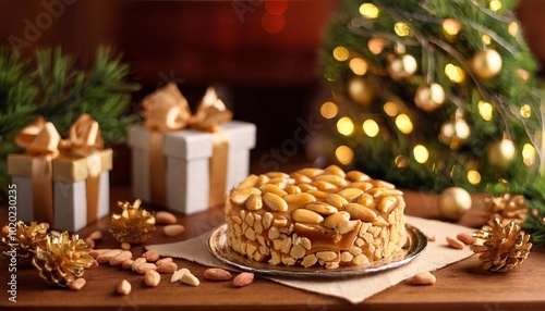 Christmas Peanut pie on table with Christmas tree and gifts in background