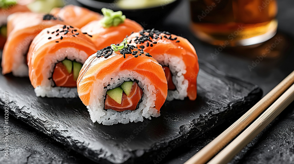 Sushi and sashimi on a black plate with chopsticks, a sushi roll made of rice grains filled with fresh salmon fillet, isolated on a dark grey background. Japanese food concept. Sushi and sashimi on a black plate with chopsticks, a sushi roll made of rice grains filled with fresh salmon fillet, isolated on a dark grey background. Japanese food concept.