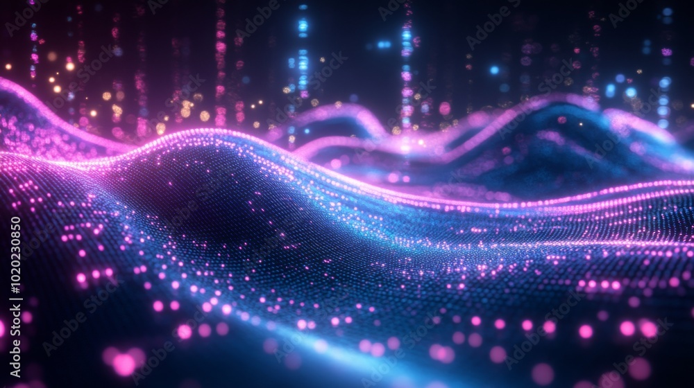 Abstract Wavy Surface with Glowing Pink and Blue Particles Abstract Wavy Surface with Glowing Pink and Blue Particles