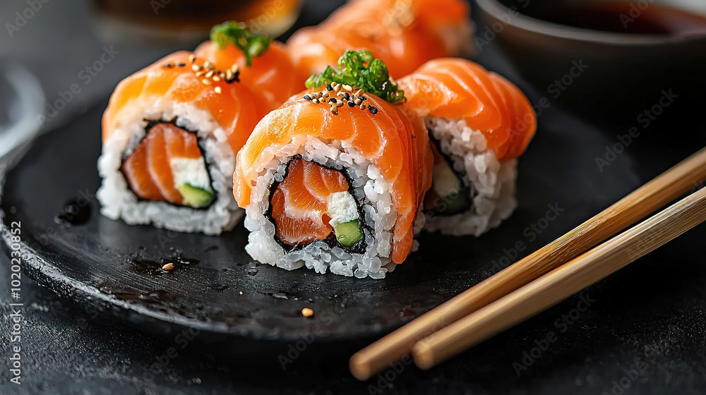 Sushi and sashimi on a black plate with chopsticks, a sushi roll made of rice grains filled with fresh salmon fillet, isolated on a dark grey background. Japanese food concept. Sushi and sashimi on a black plate with chopsticks, a sushi roll made of rice grains filled with fresh salmon fillet, isolated on a dark grey background. Japanese food concept.