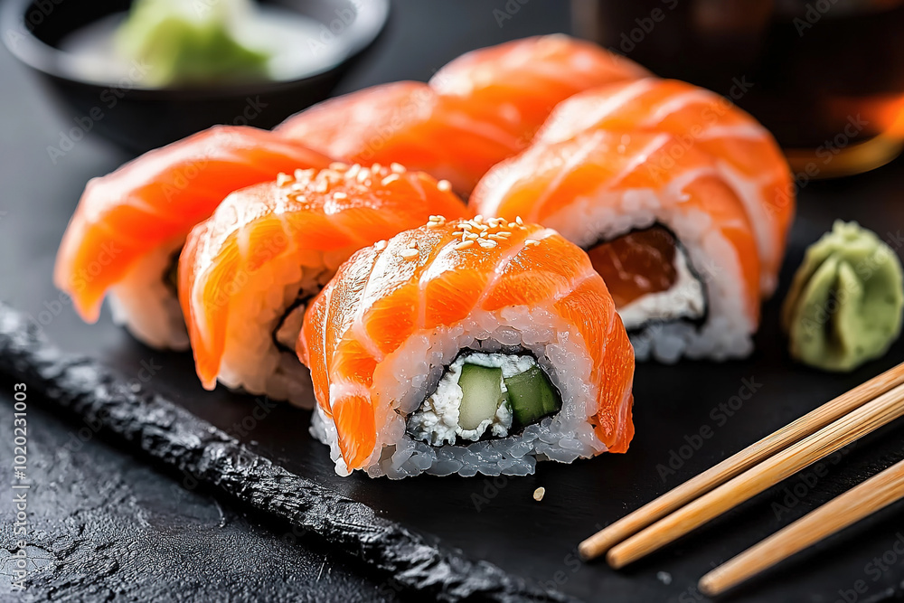 Sushi and sashimi on a black plate with chopsticks, a sushi roll made of rice grains filled with fresh salmon fillet, isolated on a dark grey background. Japanese food concept. Sushi and sashimi on a black plate with chopsticks, a sushi roll made of rice grains filled with fresh salmon fillet, isolated on a dark grey background. Japanese food concept.