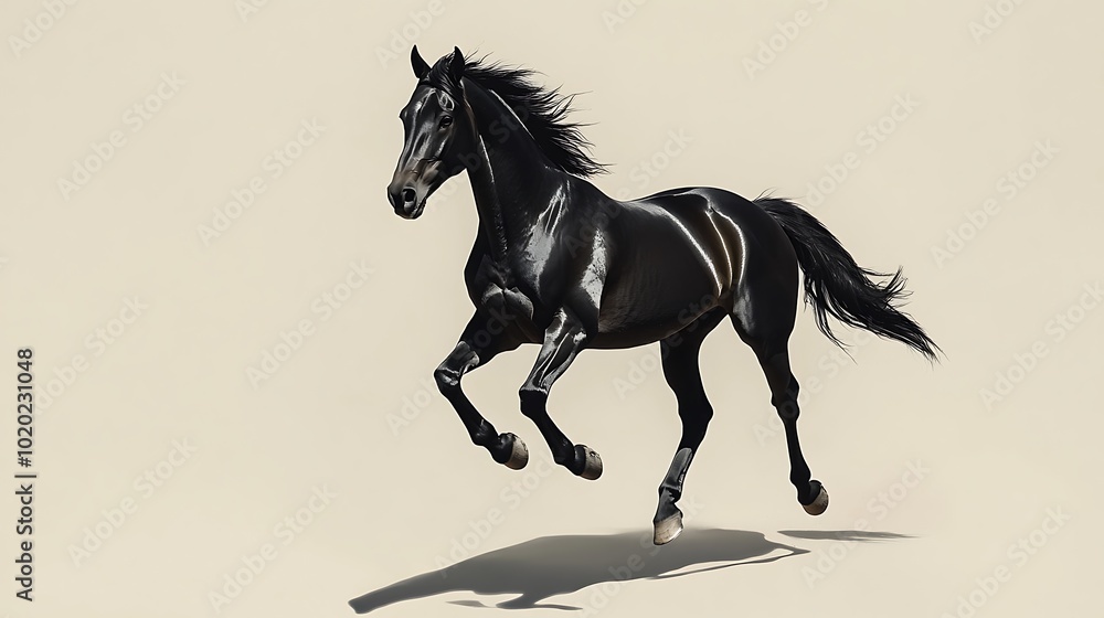 Black horse running on a light beige background. Black horse running on a light beige background.