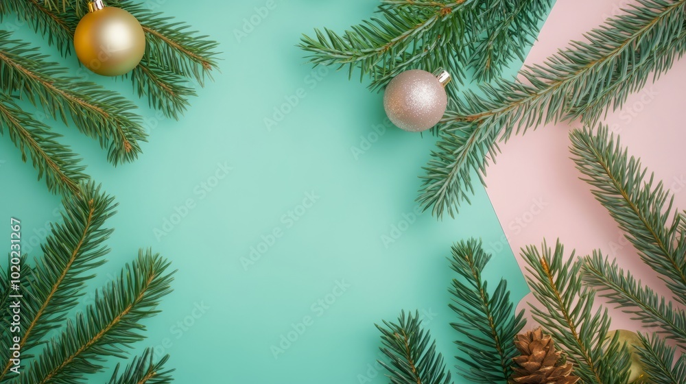 Flat lay christmas composition featuring a round blank paper surrounded by festive pine tree branches and colorful christmas decorations on a vibrant background, ideal for holiday-themed designs with Flat lay christmas composition featuring a round blank paper surrounded by festive pine tree branches and colorful christmas decorations on a vibrant background, ideal for holiday-themed designs with