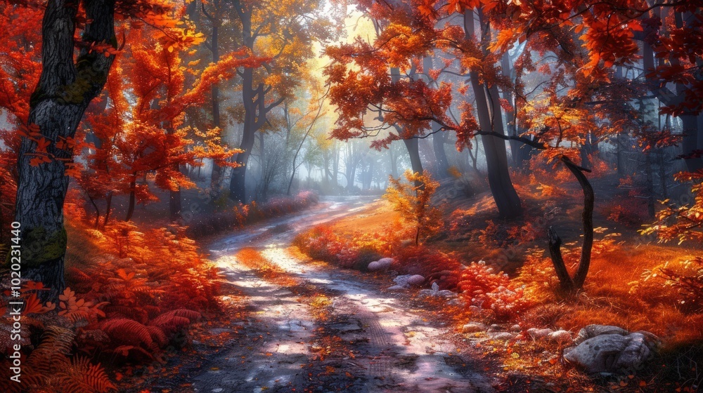 Autumnal Forest Path with Golden Light Autumnal Forest Path with Golden Light