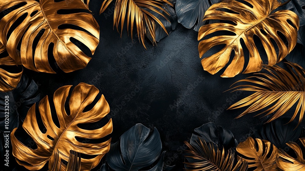 Golden and Black Tropical Leaves on a Dark Background Golden and Black Tropical Leaves on a Dark Background