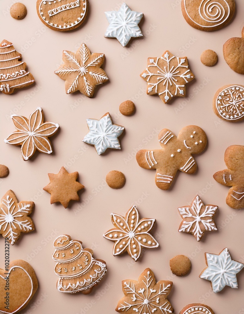 gingerbread cookies in simple shapes, scattered over a light pastel background, soft holiday tones gingerbread cookies in simple shapes, scattered over a light pastel background, soft holiday tones