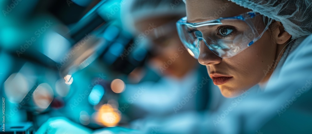Fototapeta premium A focused scientist wearing goggles and a lab coat, working meticulously under a microscope in a high-tech laboratory setting.