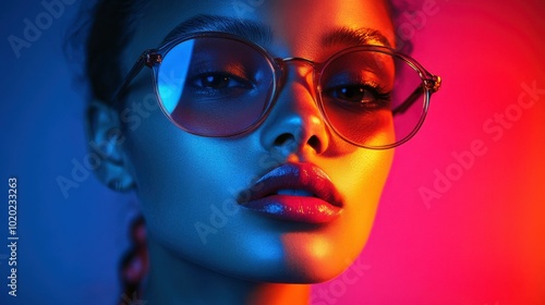 Close-up Portrait of a Woman in Glasses with Colorful Lighting