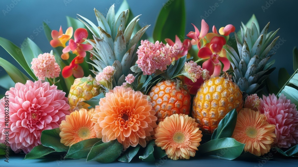 Vibrant Tropical Flowers and Pineapples Still Life Vibrant Tropical Flowers and Pineapples Still Life